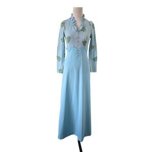Patricia Fair Blue Floral Prairie Maxi Dress Ruffle Collar Button Long 1970s S